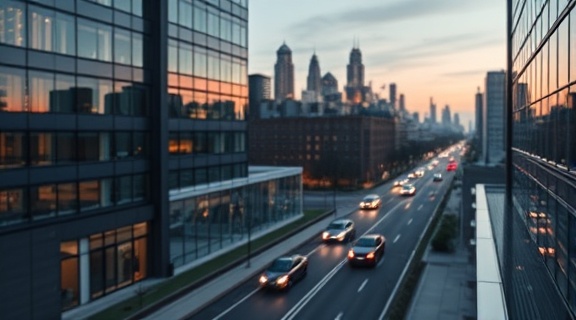 sophisticated estate listing, elegant, presenting a sleek urban apartment, photorealistic, downtown skyline in the background, highly detailed, cars passing by on the street, 5k resolution, cool metallic hues, twilight lighting, shot with a tilt-shift lens.