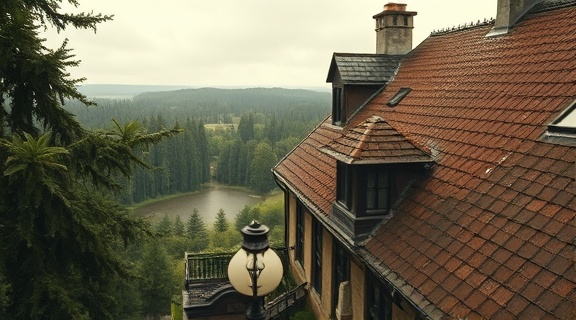 historic real estate, timeless, capturing a colonial-era estate, photorealistic, sprawling gardens in the background, highly detailed, light rain pattering on the roof, 8k resolution, vintage colors, overcast lighting, shot with a 50mm prime lens.