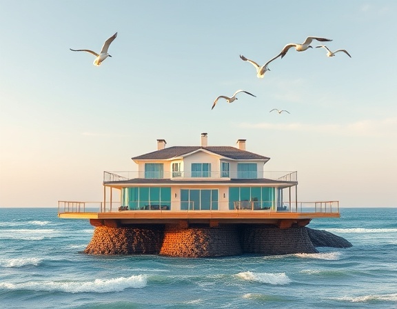 picturesque estate platform, serene, illustrating a beachfront villa, photorealistic, azure ocean waves in the background, highly detailed, seagulls flying overhead, 12k resolution, pastel colors, morning light lighting, shot with a 21mm lens.