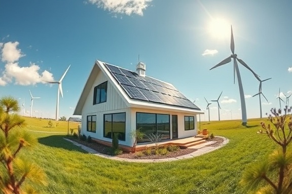 innovative real property, futuristic, showcasing a solar-powered smart home, photorealistic, wind turbines in the background, highly detailed, energy-efficient features displayed, 14k resolution, vibrant green technology, midday sun lighting, shot with a fisheye lens.