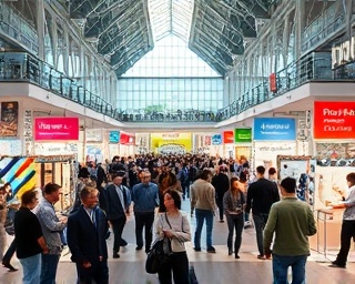 expansive real marketplace, lively, showcasing a bustling property expo, photorealistic, soaring atrium in the background, highly detailed, dynamic interactions among attendees, 6k resolution, colorful displays, artificial indoor lighting, shot with a telephoto lens.