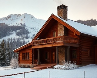 cozy estate listing, warm, featuring a traditional log cabin, photorealistic, snowy mountain backdrop, highly detailed, chimney smoke rising steadily, 9k resolution, rich browns and whites, soft winter lighting, shot with a macro lens.