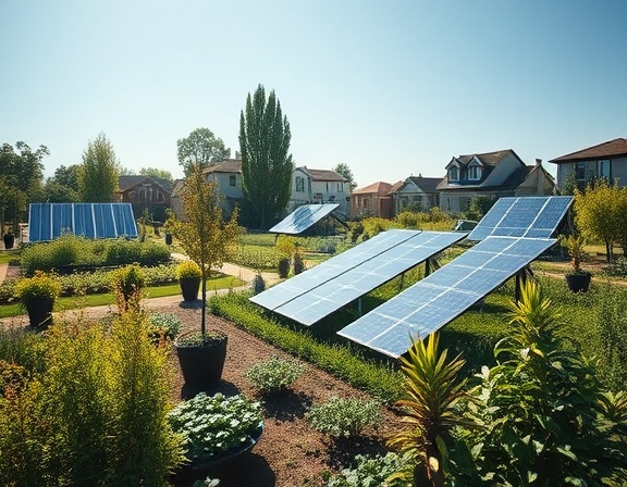 eco-friendly estate platform, sustainable, introducing an environmentally conscious development, photorealistic, community gardens flourishing in the background, highly detailed, solar panels reflecting sunlight, 11k resolution, natural greens and blues, soft daylight lighting, shot with an anamorphic lens.