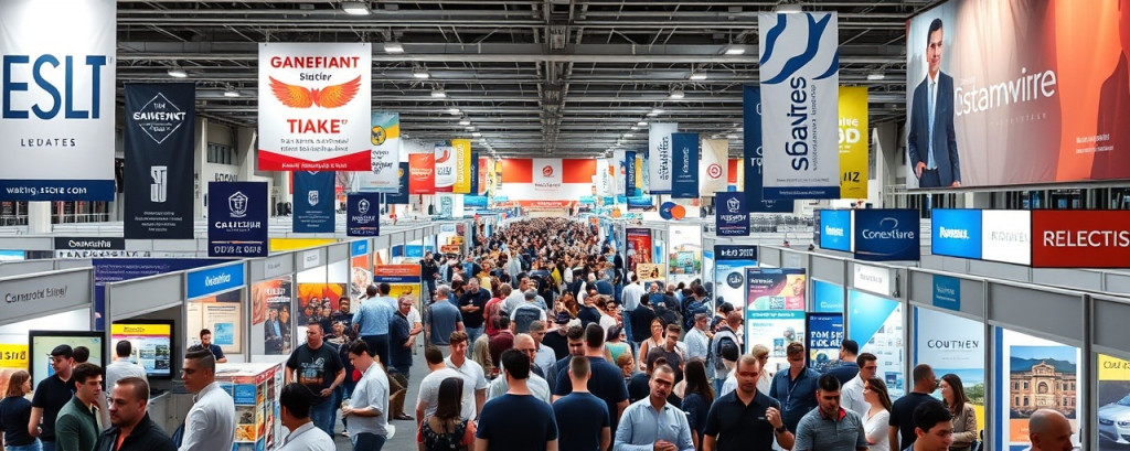 vibrant real marketplace, energetic, hosting an estate showcase event, photorealistic, bustling crowds in a convention center, highly detailed, banners and signs catching attention, 13k resolution, bright and varied colors, fluorescent lighting, shot with a zoom lens.