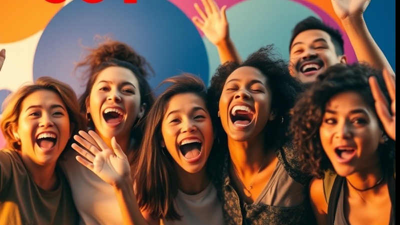 A diverse group of people expressing joy in a colorful abstract scene, titled 'Amazing Joy'.