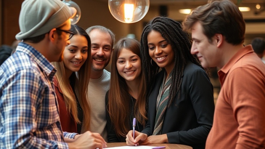Group collaborating around a computer for creative brainstorming