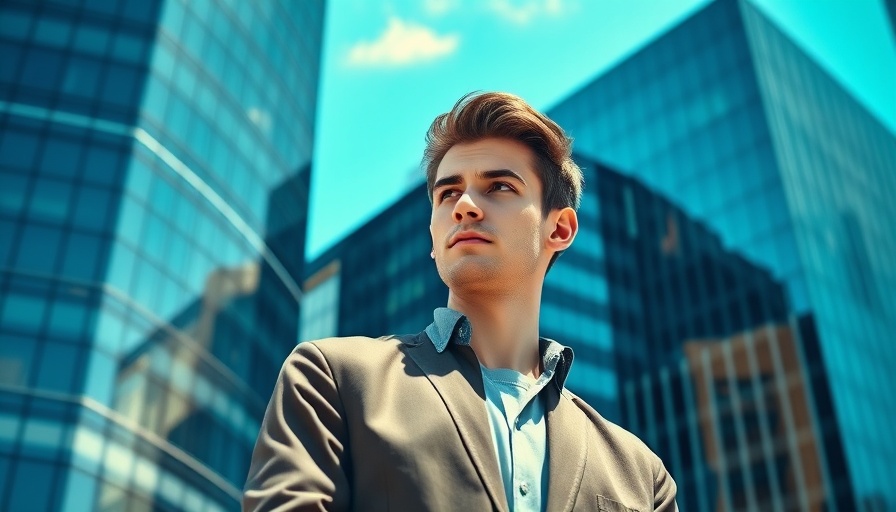 Commercial real estate professional by modern building, thoughtful look.