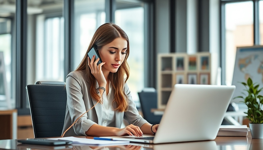 Professional woman using phone and laptop in office setting.