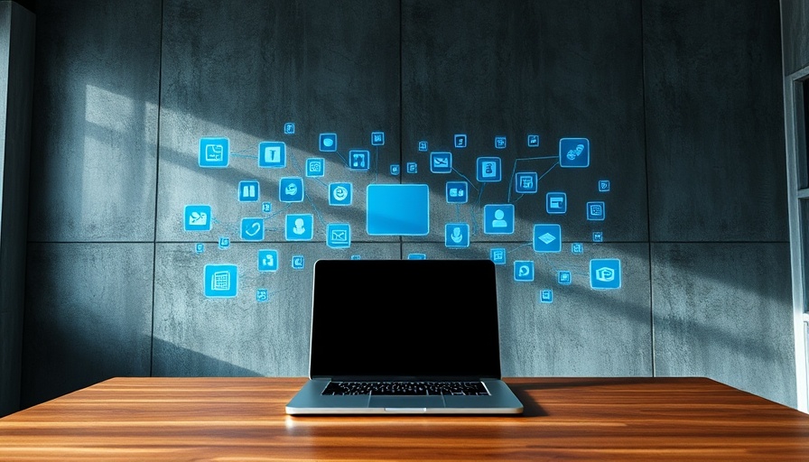 Commercial Real Estate CRM setup with laptop and digital icons.