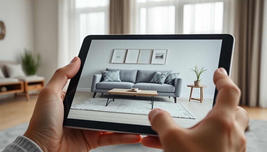 Hands using tablet with virtual furniture setup in bright room.