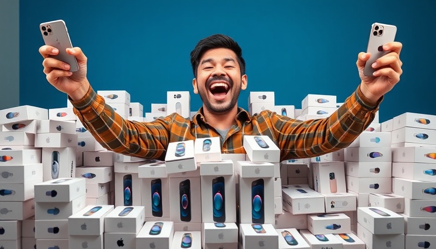 Man holding iPhones with a stack of boxes, subscribe for an iPhone promotion.