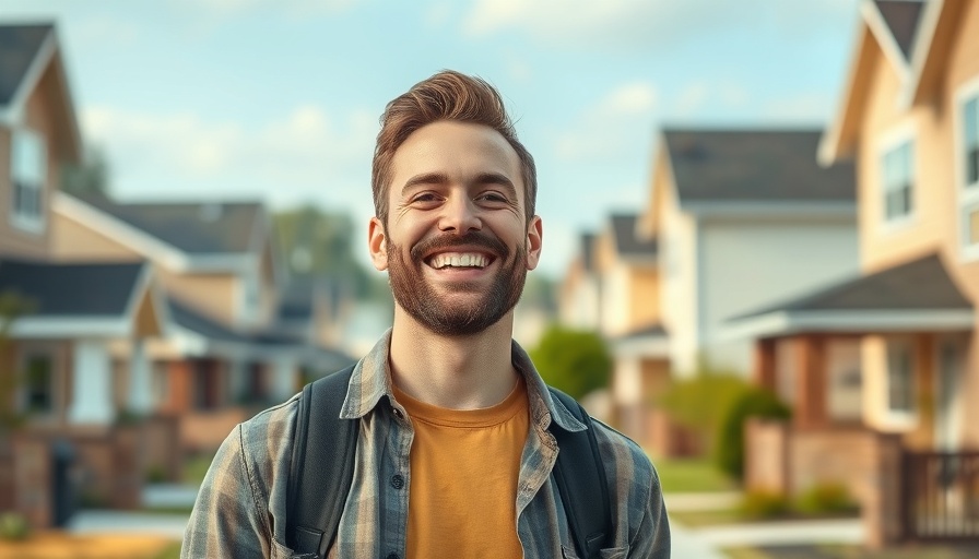 Cheerful man smiling in housing neighborhood, symbolizing lower mortgage rates.