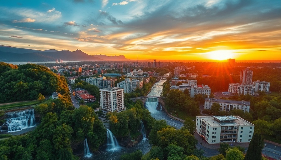 Aerial view of a vibrant cityscape with greenery and waterfall at sunset.