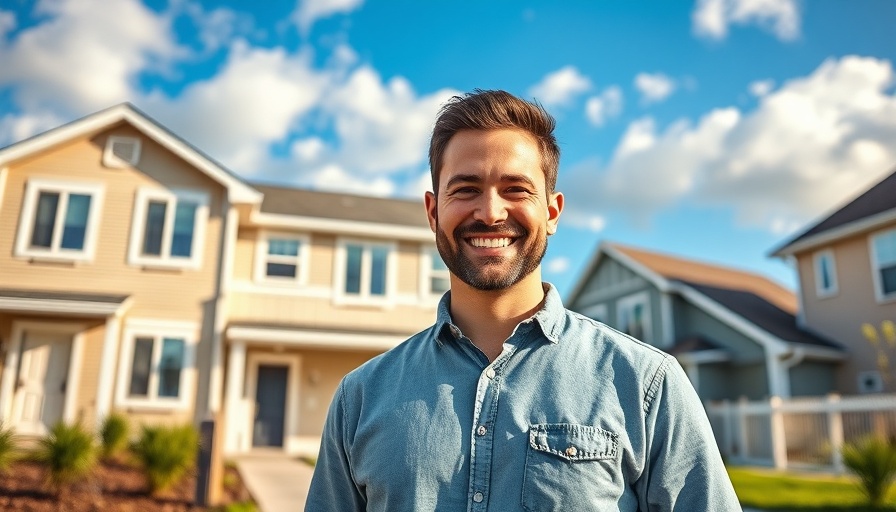 Smiling man with modern rental property background, bright day, rental property trends 2025.
