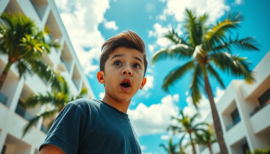 Surprised young man pondering property taxes with city backdrop.