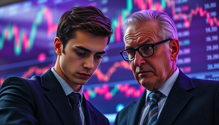 Falling Mortgage Rates Amid Tariffs: Young man and serious figure with economic charts.