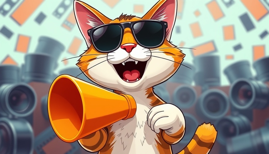 Energetic cat with megaphone in colorful media collage, Real Estate Video Trends