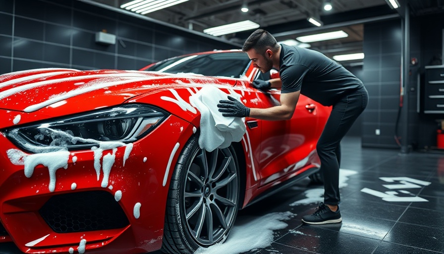 Auto detailing in sleek garage, foam-covered car, success.
