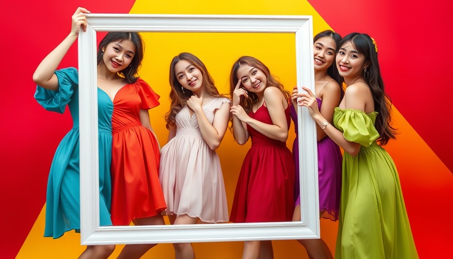 Colorful women posing with a frame against a vibrant background.