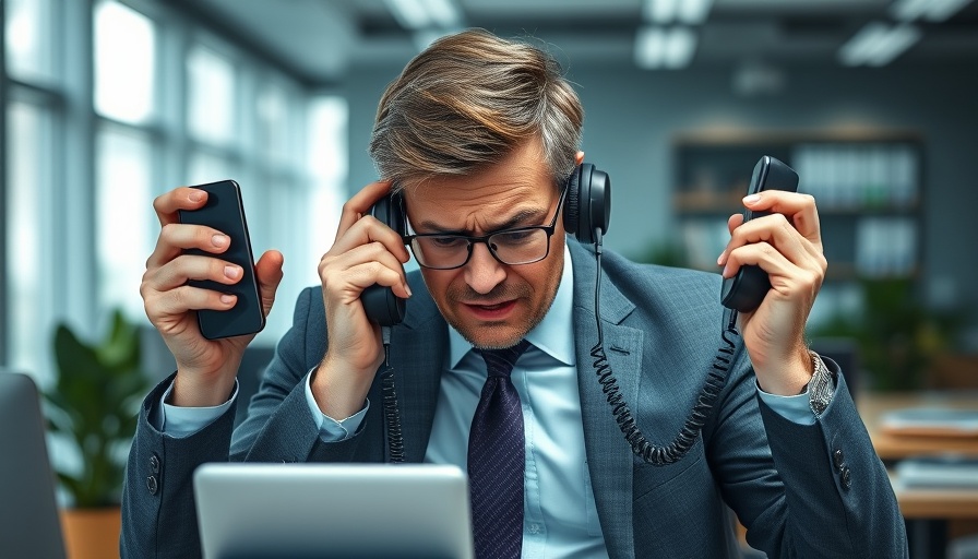 Businessman multitasking with multiple phones in an office, showcasing call management.