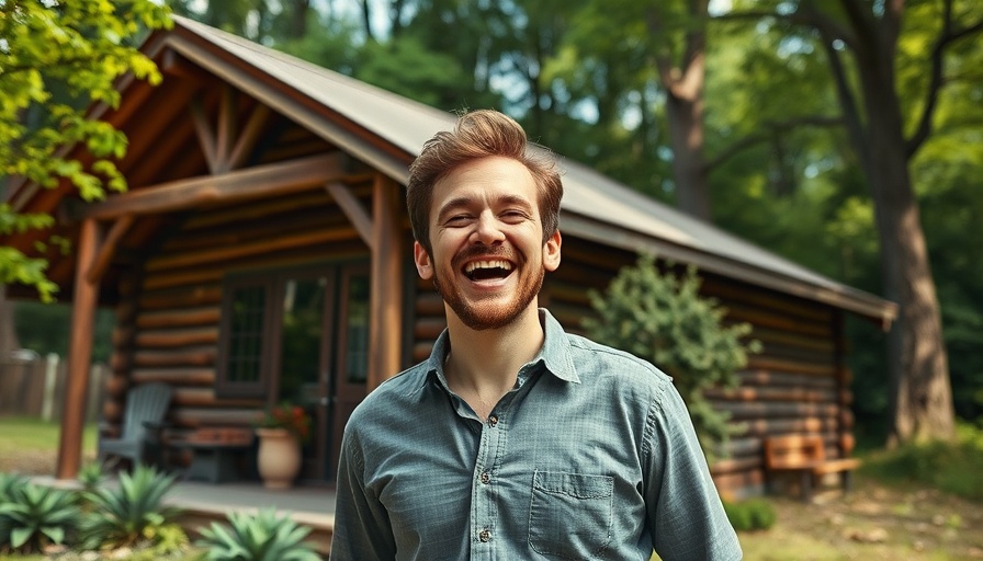 Man excitedly standing in front of a cabin, emphasizing buying land for rentals.