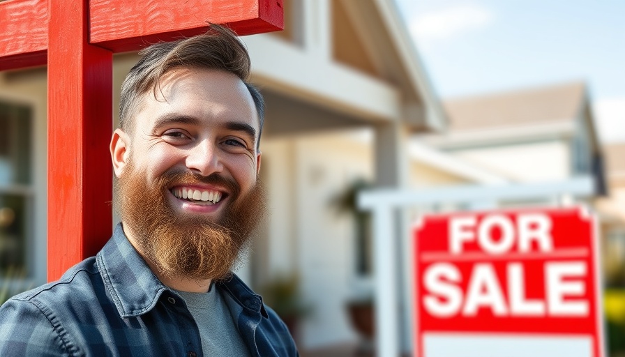 Confident man near 'For Sale' sign for real estate offers
