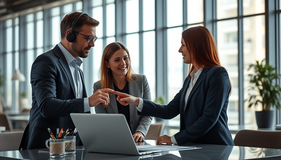 Business professionals discussing strategy with laptop in office.