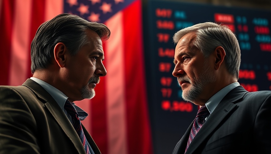Two men discussing Trump proposed 1% rates with flag backdrop.