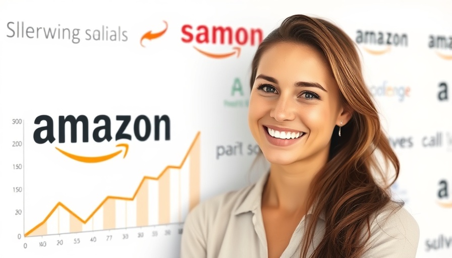 Amazon ad sales surge graph beside smiling woman, creative background.