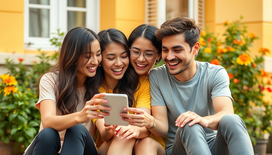 Instagram Friends Map: Joyful friends looking at smartphone outdoors