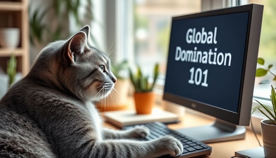 Cat watches 'Global Domination 101' on screen, cozy home office setup.