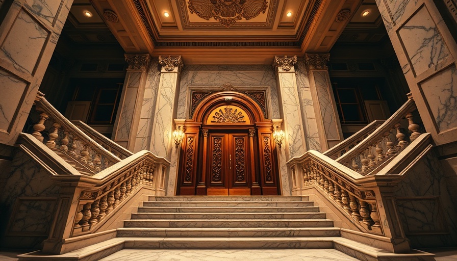 Grand marble entrance in classical architecture, Minnesota broker sues