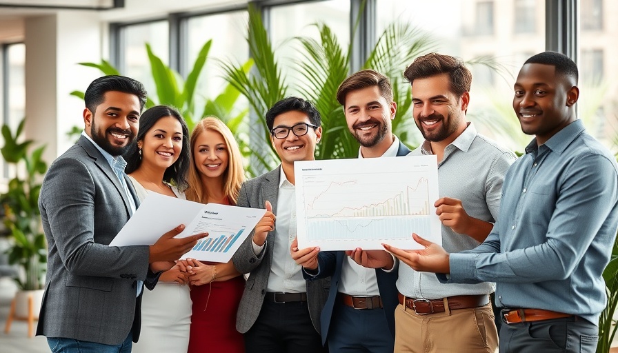 Diverse team celebrating positive online advertising results for small businesses.