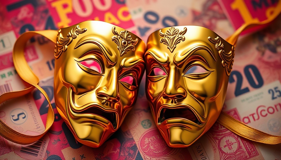 Theatrical masks with currency background, symbolizing emotional and economic shifts.