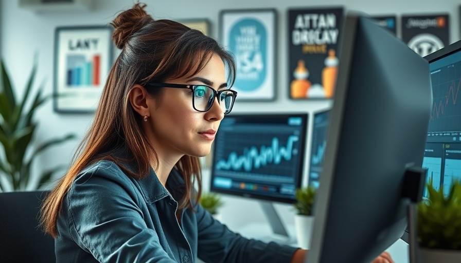 Focused woman analyzing data on screens, reinvestment in content creation.
