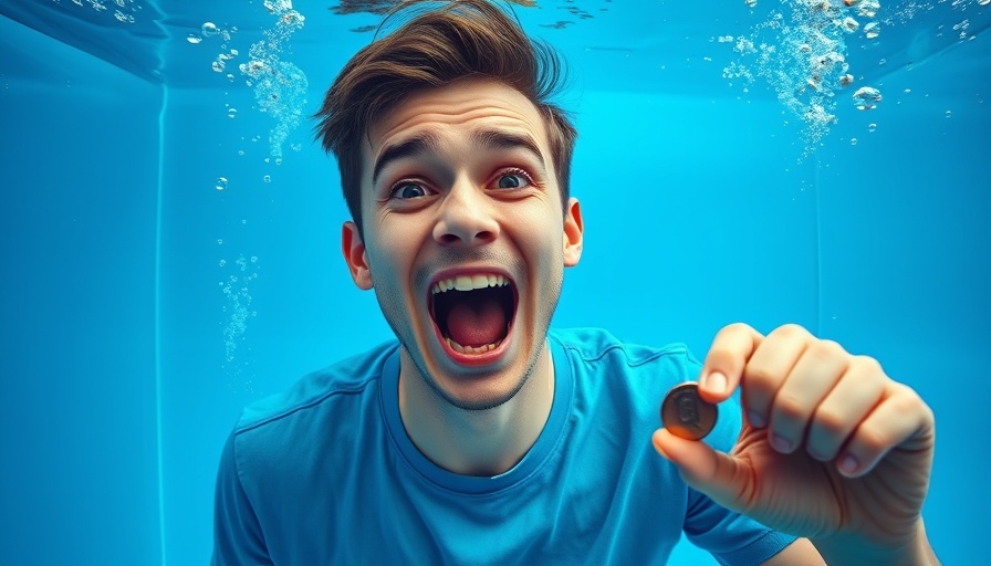 Excited man underwater holding penny, '1 Subscriber = 1 Penny Donated'.