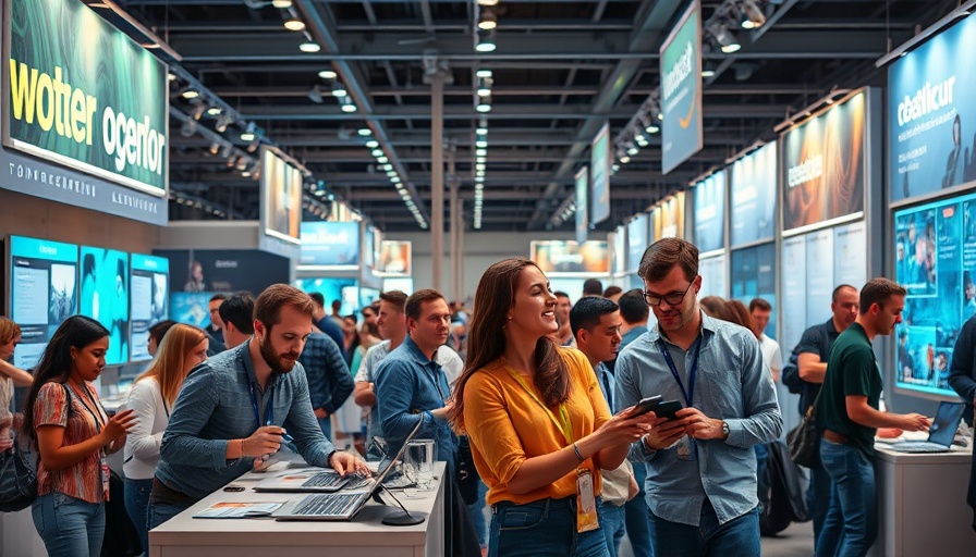Tech enthusiasts engaging at TechCrunch Disrupt 2025 exhibit tables.