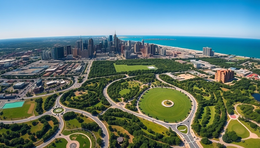 Aerial view of city skyline and park near Lake Michigan.