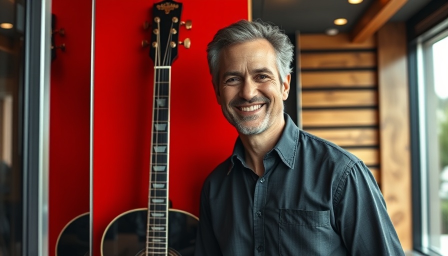Jazz Guitar Professor smiling near guitar, vibrant red background.