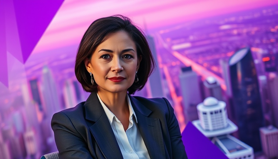 Professional woman with calm expression on geometric purple background.