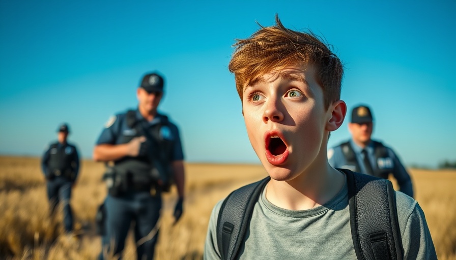 Shocked young man in a field with police, IShowSpeed's arrest context.