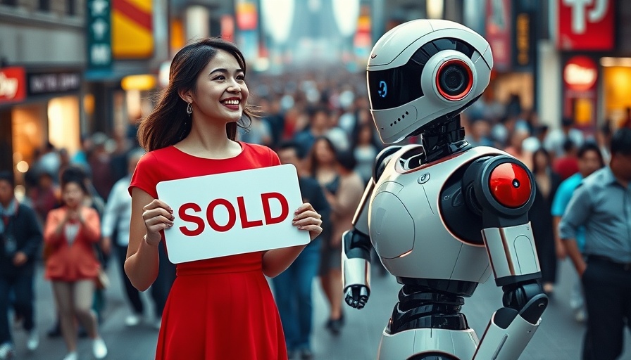 AI and agent in red dress with 'Sold' sign, vibrant city background.