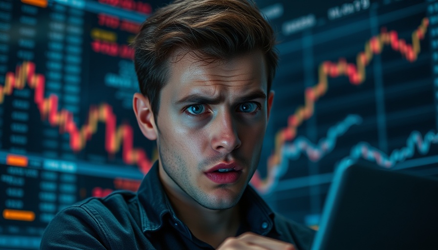 Anxious man analyzing data with stock charts in background, Mortgage Monitor Report.