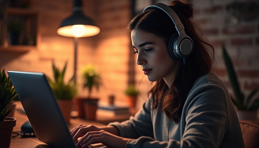 Young woman using laptop with headphones, Real Estate Marketing Tools.