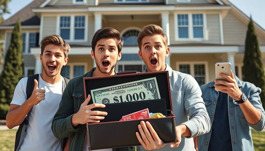Young men holding money and a phone in front of a house, social media contest.