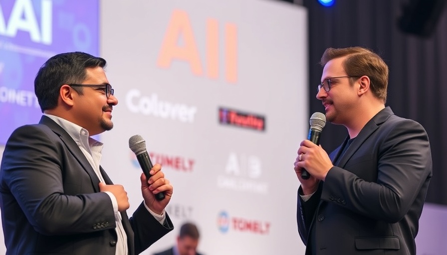 Two hosts discuss AI influencers for marketing at an event.