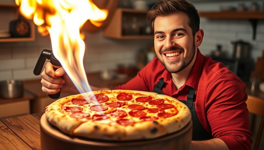Man cooking pizza with flamethrower indoors, cooking with power tools.