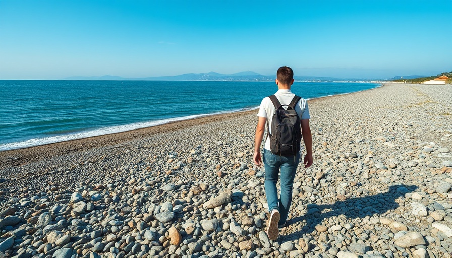 Young man with backpack walking on a rocky beach under blue sky.
