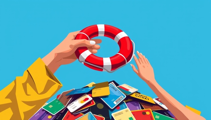 Illustration showing a lifebuoy above credit cards, symbolizing debt help in emotional spending.