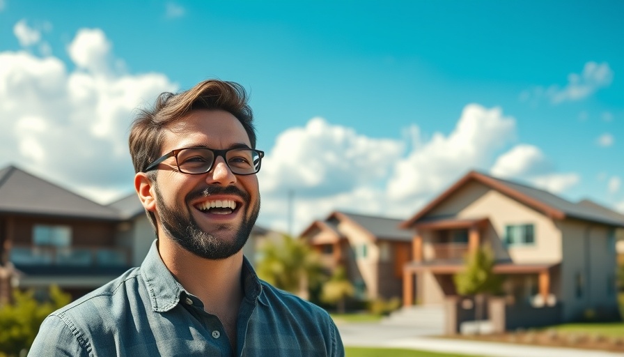Cheerful man discussing rental market trends 2023 in front of modern homes.